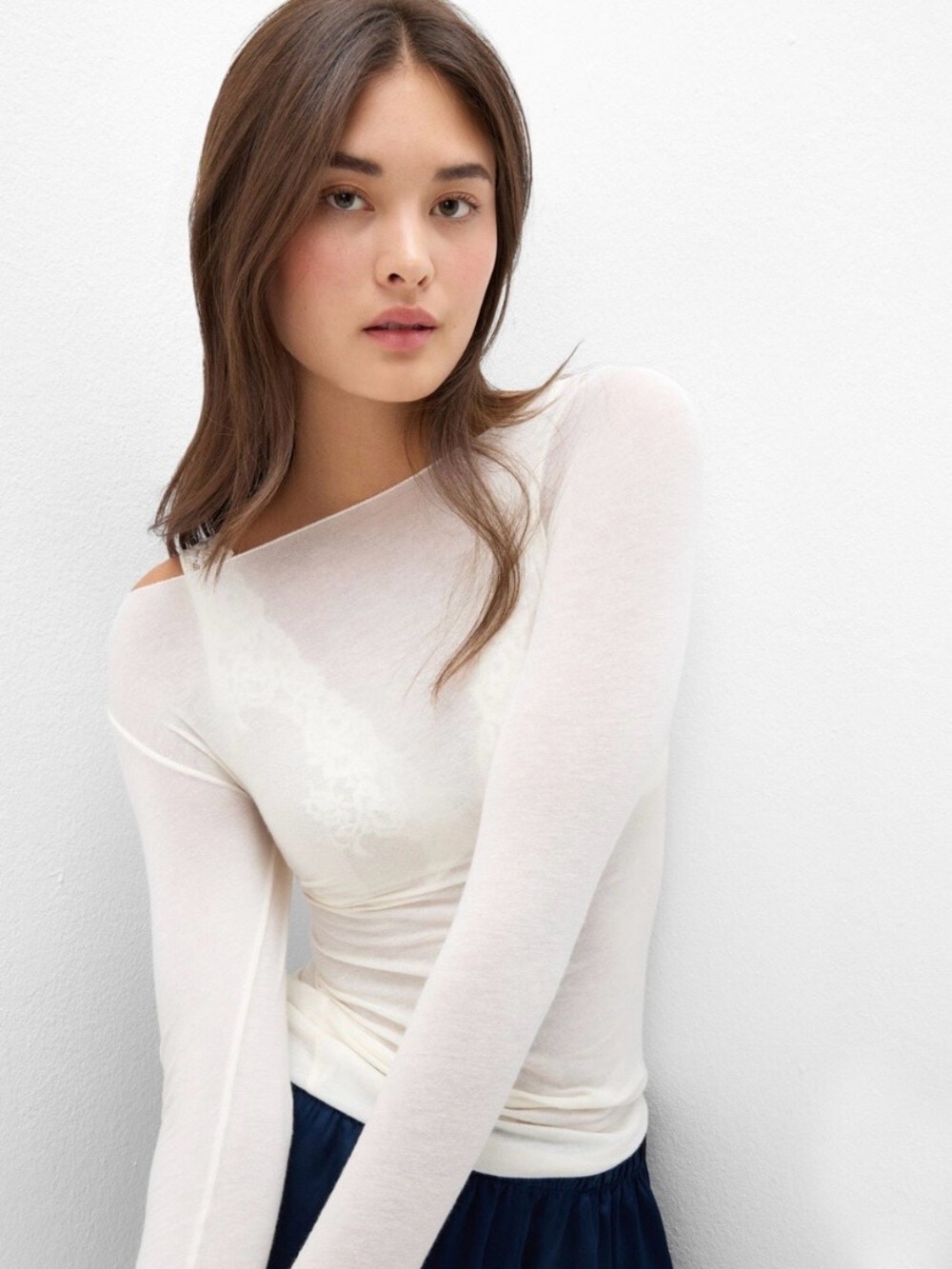 Sheer Asymmetric Long-Sleeve Tee in Ivory
